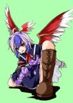  1girl ahoge bird_wings blue_hair boots capelet cross-laced_footwear foreshortening head_wings horns long_sleeves open_mouth pink_eyes sash shirt silver_hair skirt smile solo tokiko_(touhou) touhou wings yozuki_shokora 