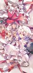  2girls bat_wings blonde_hair bow fang flandre_scarlet hat hat_bow highres lavender_hair mob_cap multiple_girls open_mouth red_eyes remilia_scarlet ringpearl rotational_symmetry sash siblings sisters touhou wings wrist_cuffs 