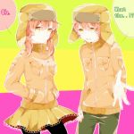  1:1_aspect_ratio duo english_text female genderswap green_eyes hat jacket kyle_broflovski male medium_hair multiple_persona open_mouth orange_jacket orange_outerwear outstretched_hand pants pantyhose pixiv_id_4105346 short_hair skirt south_park text twintails 