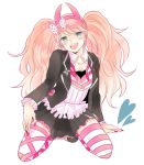  bent_knees blazer blue_eyes blush cosplay dangan_ronpa_(series) enoshima_junko female frills heart jacket kneeling long_hair long_sleeves nail_polish open_mouth pink_hair pink_nails pixiv_id_4586454 png_conversion simple_background smile solo twintails utsugi_kotoko_(cosplay) 