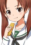  1girl ame. eating food girls_und_panzer kadotani_anzu school_uniform twintails white_background 