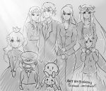  3boys 4girls akuosay bangs bowtie collarbone collared_shirt crying facial_hair formal funeral hair_ornament hat highres kid_icarus kirby kirby_(series) link long_hair mario metroid monochrome multiple_boys multiple_girls mustache necktie nintendo palutena payot pikachu pit_(kid_icarus) pointy_ears ponytail princess_peach princess_zelda samus_aran shirt sketch super_mario_bros. tears the_legend_of_zelda tiara watermark wings 