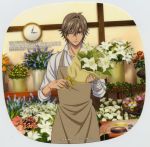 apron bandaged_hand bandages bangs blue_flower bouquet brown_eyes brown_hair character_name clavicle clock closed_mouth copyright_name flower frame high_resolution holding holding_flower indoors konomi_takeshi large_filesize leaf light_background lily_(flower) logo looking_at_viewer male one_eye_closed orange_flower pink_flower prince_of_tennis red_flower ribbon rose_(flower) rounded_corners scan shiraishi_kuranosuke shirt shitenhoji short_hair simple_background smile solo text very_high_resolution white_background white_flower white_lily white_shirt wink yellow_flower yellow_ribbon 