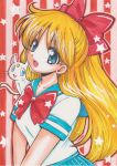  absurdres aino_minako artemis_(sailor_moon) bishoujo_senshi_sailor_moon blonde_hair blue_eyes cat hair_ribbon highres long_hair rascal_(n119) ribbon school_uniform serafuku star starry_background striped striped_background traditional_media 