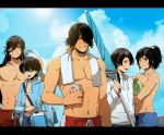  5boys beach_umbrella black_hair blonde_hair blue_eyes blue_sky clouds earrings grin high_ponytail horikawa_kunihiro izumi-no-kami_kanesada jewelry kashuu_kiyomitsu letterboxed long_hair male_focus mizuhara_aki multicolored_hair multiple_boys nagasone_kotetsu navel open_mouth outdoors ponytail red_eyes shirtless short_hair sky smile touken_ranbu two-tone_hair 