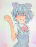 1girl :d acrylic_paint_(medium) blue_dress blue_eyes blue_hair bow cirno clenched_hand cowboy_shot dress gradient gradient_background graphite_(medium) hair_bow highres looking_at_viewer open_mouth raised_hand ribbon short_hair simple_background smile solo touhou traditional_media watercolor_(medium) yuyu_(00365676) 