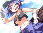  1girl adjusting_clothes adjusting_hat blue_eyes blue_hair breasts clothes_around_waist collarbone crop_top gloves hat hemogurobin_a1c jewelry kawashiro_nitori key midriff navel necklace no_bra one_eye_closed open_mouth shirt_around_waist smile solo sweat touhou under_boob white_gloves 