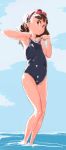  1girl brown_eyes brown_hair goggles goggles_on_head np_(slipbounds) original school_swimsuit short_hair standing swimsuit 