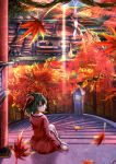  1girl animal_ears building commentary_request day dress frilled_dress frills green_eyes green_hair haru-kun highres kasodani_kyouko leaf long_sleeves looking_at_viewer looking_back nature ocean pink_dress rope shide shimenawa sitting stairs stone_lantern torii touhou tree 