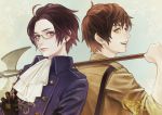  2boys ahoge ascot austria_(hetalia) axe axis_power_countries_(hetalia) back-to-back black_gloves black_handwear brown_hair closed_mouth crossed_arms duo germanic_countries_(hetalia) glasses gloves green_eyes hetalia:_axis_powers hetalia_axis_powers holding_weapon looking_at_viewer male mediterranean_countries_(hetalia) mole multiple_boys open_mouth pixiv_id_1813992 png_conversion short_hair smile spain_(hetalia) teeth violet_eyes weapon 