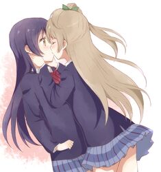  2girls blue_hair blush brown_hair closed_eyes cora_stt cowboy_shot hands_on_another&#039;s_face kiss long_hair love_live!_school_idol_project minami_kotori multiple_girls school_uniform sonoda_umi yellow_eyes yuri 