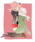  bdsm bent_knees blue_eyes bondage boots buttons choker coat crossover dangan_ronpa_(series) dangan_ronpa_2:_goodbye_despair duo enoshima_junko female incipient_kiss kneeling komaeda_nagito long_hair long_sleeves looking_at_another male nail_polish necktie open_mouth pants pink_hair pixiv_id_4586454 png_conversion red_skirt shoes short_sleeves simple_background skirt twintails white_hair 