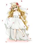  ahoge barefoot blonde blush dress fairy_tail feet flower green_eyes happy long_hair mavis_vermillion rsk_(riy.r) wedding 