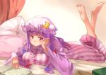  barefoot bed blanket blush book breast_squeeze breasts crescent_moon curtains feet_up hair_ornament hair_ribbon hand_on_own_cheek hat highres kanzen_bouon large_breasts long_hair lying moon nightgown on_stomach patchouli_knowledge pillow pink_eyes purple_hair reading ribbon striped touhou 