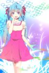  1girl ahoge blue_eyes blue_hair blurry blush dress flower hair_flower hair_ornament hand_on_own_cheek hatsune_miku highres jewelry long_hair melt_(vocaloid) necklace open_mouth short_sleeves smile solo song_name twintails vocaloid 