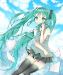  blush green_eyes green_hair hatsune_miku high_resolution long_hair necktie skirt sky twintails vocaloid 