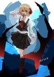 1girl blonde_hair blood blood_on_fingers bloody_clothes dated hair_ribbon highres kamiya_suzume open_mouth red_eyes ribbon rumia shirt short_hair skirt touhou vest 