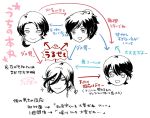  4boys anger_vein closed_eyes directional_arrow face heart high_ponytail horikawa_kunihiro izumi-no-kami_kanesada kashuu_kiyomitsu long_hair male_focus mizuhara_aki mole mole_under_eye mole_under_mouth monochrome multiple_boys open_mouth ponytail relationship_graph short_hair smile sparkle touken_ranbu translation_request yamato-no-kami_yasusada 