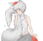  1boy androgynous animal_ears arm_support blush brown_eyes genderswap grey_hair hat holding_own_tail inubashiri_momiji jewelry midriff navel necklace raised_eyebrows short_hair simple_background sitting sleeveless sleeveless_turtleneck smile solo ta_gero tail tassel tokin_hat touhou turtleneck white_background wolf_ears wolf_tail 