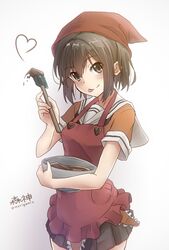  1girl :p apron bandana blush brown_eyes brown_hair chocolate cowboy_shot d-style_wed heart kantai_collection looking_at_viewer mixing_bowl school_uniform sendai_(kantai_collection) serafuku short_hair short_sleeves solo spatula tongue tongue_out twitter_username 