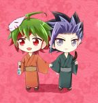  ahoge chibi eating floral_print food full_body grey_eyes high_resolution kimono long_hair male mask mask_removed multicolored_hair open_mouth pixiv_id_4527506 purple_hair red_eyes sakaki_yuuya spiky_hair traditional_clothes two-tone_hair wafuku yu-gi-oh! yu-gi-oh!_arc-v yuto_(yu-gi-oh!_arc-v) 