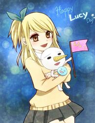  blonde blush brown_eyes fairy_tail happy long_hair lucy_heartfilia plue ribbon rsk_(riy.r) school_uniform side_ponytail sweets 