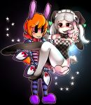  2girls animal_ears arm_around_neck black_background bloody_marie_(skullgirls) blush bow bowtie captainkirb checkered dog_ears extra_eyes eye_socket finger_in_another&#039;s_mouth finger_in_mouth gloves hair_ornament heart highres holding magicalchan maid_headdress mechanical_arms multiple_girls orange_hair peacock_(skullgirls) rabbit_ears red_eyes redhead sharp_teeth shirt short_hair star striped striped_legwear striped_shirt sweat tail thigh-highs twintails white_gloves white_legwear 
