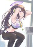  1girl absurdres armpits arms_behind_head black_hair blue_archive blush breasts exercise eyewear_hang eyewear_removed from_side highres large_breasts long_hair navel ponytail solo squatting sumire_(blue_archive) sweat thighs umirororo very_long_hair violet_eyes wristband 