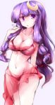  1girl bikini bikini_top blush bow breasts crescent_hair_ornament fumitsuki_(minaduki_6) hair_bow hair_ornament long_hair looking_at_viewer midriff navel no_hat open_mouth panties patchouli_knowledge purple_hair sarong see-through simple_background solo swimsuit touhou underwear violet_eyes 