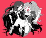  ass bent_knees blush boots bow breasts carrying choker cleavage crossover dangan_ronpa_(series) dangan_ronpa_2:_goodbye_despair duo enoshima_junko female formal kamukura_izuru long_hair long_sleeves male monochrome necktie pink_background pixiv_id_4586454 png_conversion red_eyes shared_universe_crossover shoes simple_background spot_color suit twintails 