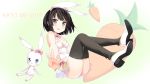  1girl animal_ears artist_request bare_arms black_eyes black_hair black_legwear bowtie breasts bunnysuit carrot character_request cleavage copyright_request detached_collar fake_animal_ears highres katou_megumi open_mouth outstretched_hand rabbit_ears saenai_heroine_no_sodatekata short_hair solo stuffed_animal stuffed_bunny stuffed_toy thigh-highs 