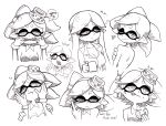 1girl ;) alternate_hairstyle aori_(splatoon) breasts cheek_squash cleavage detached_collar domino_mask doughnut earrings english food hair_down hands_on_another&#039;s_cheeks hands_on_another&#039;s_face headwear_removed heart hotaru_(splatoon) jewelry long_hair looking_back mask middle_finger mole mole_under_eye monochrome object_on_head one_eye_closed pointy_ears profanity short_hair simple_background smile splatoon symbol-shaped_pupils tongue tongue_out upper_body white_background yuta_agc 
