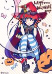  2014 blue_hair bow candy fingerless_gloves ghost gloves halloween happy_halloween hat hat_bow heart jack-o&#039;-lantern kamekoya_sato love_live!_school_idol_project open_mouth pumpkin solo sonoda_umi star striped striped_gloves striped_legwear tagme thigh-highs twitter_username witch_hat yellow_eyes 