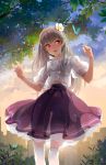  butterfly clouds female flower grey_hair hair_flower hair_ornament high_resolution original outdoors pixiv_id_4433896 png_conversion red_eyes skirt sky solo thigh-highs tree white_legwear 