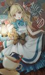  alice_(alice_in_wonderland) alice_in_wonderland blonde bow copyright_name cup female high_resolution holding_clothes holding_object lamp open_mouth pixiv_id_8200317 plate solo teacup text very_high_resolution 