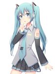  1girl blue_eyes blue_hair detached_sleeves hatsune_miku index_finger_raised mylovelydevil necktie open_mouth solo twintails vocaloid 