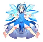  1girl baba_(baba_seimaijo) barefoot blue_dress blue_eyes blue_hair bow cirno dress grin hair_bow highres ice ice_wings looking_at_viewer puffy_short_sleeves puffy_sleeves raised_fists shirt short_sleeves smile solo touhou wings 