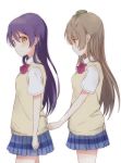  2girls blue_hair bow brown_hair cora_stt long_hair love_live!_school_idol_project minami_kotori multiple_girls profile school_uniform shirt_tug short_sleeves simple_background sonoda_umi sweater_vest white_background yellow_eyes yuri 