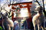  1girl animal aqua_hair collar highres horns japanese_clothes kimono leash looking_at_viewer original pine_(yellowpine112) red_eyes sheep sheep_horns smile torii 