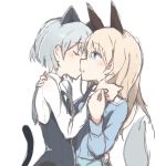  2girls animal_ears blonde_hair cat_tail closed_eyes eila_ilmatar_juutilainen kinakomoti kiss long_hair military military_uniform multiple_girls sanya_v_litvyak short_hair silver_hair simple_background sketch strike_witches tail uniform white_background yuri 