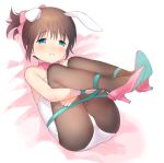  1girl animal_ears aqua_eyes arms_tied artist_request bed_sheet brown_hair bunnysuit crossed_arms folded high_heels legs_together lying neck_ribbon on_back pantyhose rabbit_ears ribbon shibari solo updo 