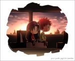  bent_knees brown_hair chibi closed_eyes couple emiya_shirou fate/stay_night fate_(series) female long_hair looking_away male orange_hair pixiv_id_13401890 png_conversion short_hair sitting sky tohsaka_rin toosaka_rin twintails 