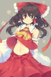  1girl ascot bare_shoulders black_hair bow detached_sleeves hair_bow hair_tubes hakurei_reimu iroyopon long_hair long_sleeves looking_at_viewer midriff navel shirt shirt_lift skirt skirt_set smile solo touhou violet_eyes wide_sleeves wind_lift 