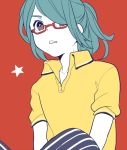  1boy aqua_hair bespectacled brown_eyes glasses hair_over_one_eye inazuma_eleven inazuma_eleven_(series) kazemaru_ichirouta long_hair looking_at_viewer male_focus ponytail red-framed_glasses red_background semi-rimless_glasses simple_background star tomo_(sjim) under-rim_glasses 