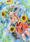  1girl belt breasts cleavage floating flower green_hair kazami_yuuka large_breasts long_sleeves looking_at_viewer mosho open_clothes open_shirt open_vest petals red_eyes shirt skirt solo sunflower touhou traditional_media vest water 