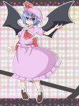  1girl ascot bat_wings blood bloody_hands blouse blue_hair brooch fang fang_out flat_chest highres jewelry kuyuri_y long_skirt looking_at_viewer mob_cap plaid plaid_background red_eyes remilia_scarlet short_hair skirt skirt_set smile solo touhou wings 