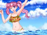  1girl 74 :d arms_up bikini blush clouds fire_emblem fire_emblem:_rekka_no_ken long_hair navel one_eye_closed open_mouth partially_submerged pink_hair serra sky smile solo swimsuit twintails violet_eyes water 