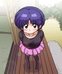  1girl :o alternate_costume arms_behind_back blush brown_eyes bush casual from_above lens_flare looking_at_viewer looking_up outdoors plant purple_hair ranma_1/2 shadow short_hair skirt sliding_doors solo tatami tendou_akane thigh-highs wantan-orz 