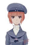  1girl 2015 4suke :o blank_stare brown_eyes clothes_writing dated hat kantai_collection long_sleeves looking_at_viewer neckerchief redhead sailor_collar sailor_hat short_hair simple_background solo twitter_username upper_body white_background z3_max_schultz_(kantai_collection) 