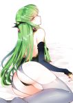  1girl back c.c. code_geass creayus detached_sleeves green_hair hair_ornament long_hair looking_at_viewer solo thigh-highs twitter_username yellow_eyes 